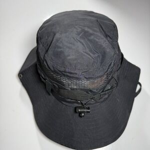 Black Wide-Brim Outdoor Boonie Sun Hat Adjustable Chin Cord Mesh Ventilation